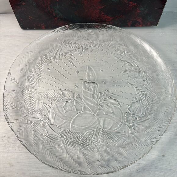 Arcoroc Christmas Holly Candle Embossed Holiday Serving Platter Candlelight 13” - Picture 1 of 9